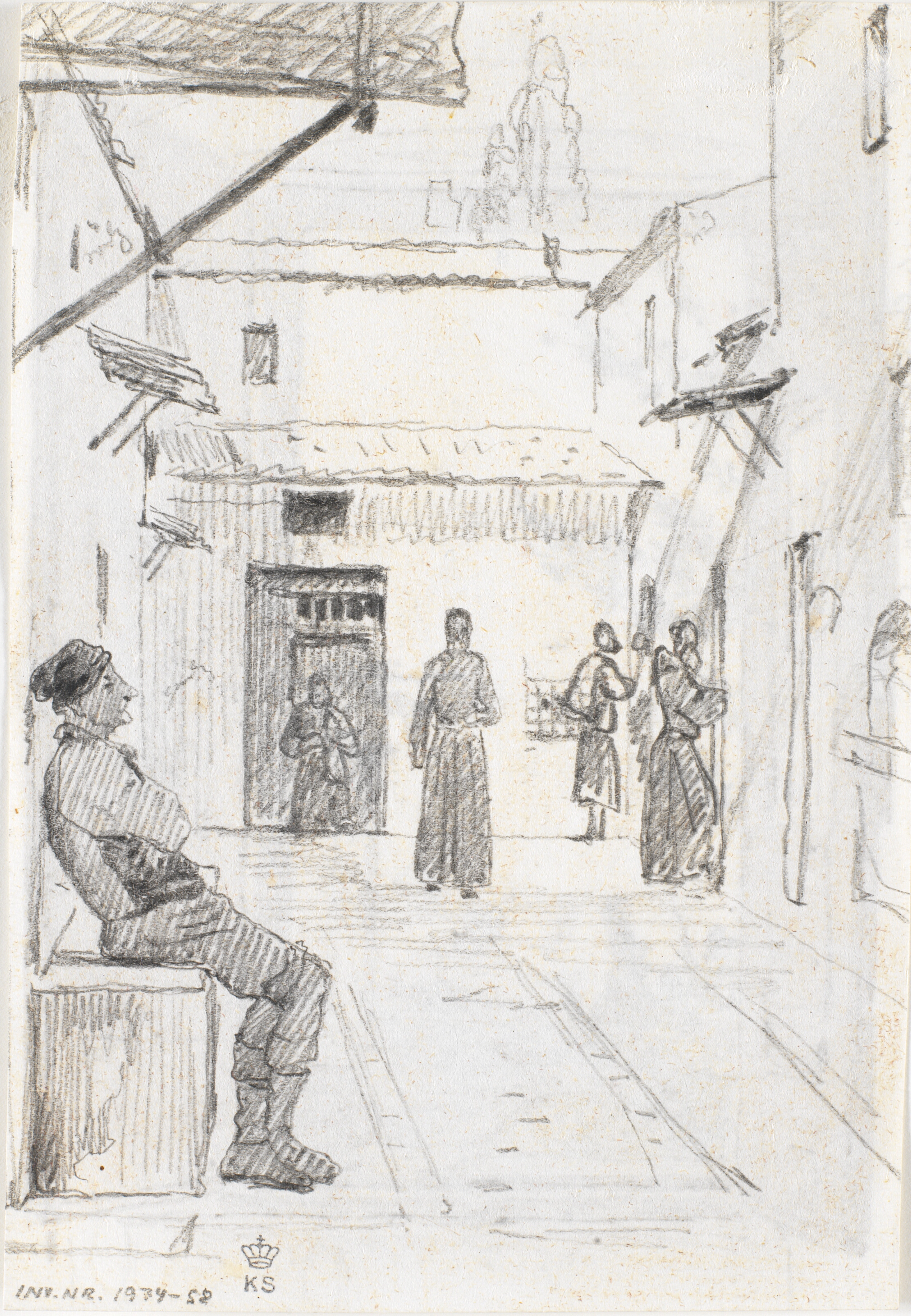 Italiensk gade med fisker i baggrunden